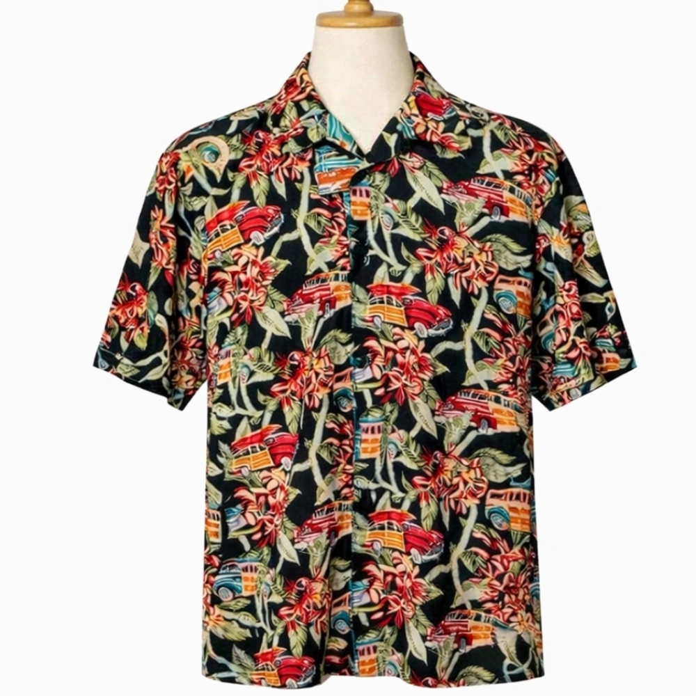 IZOD 100% Rayon Hawaiian Shirt Large Woody Wagon Retro Car Print Aloha